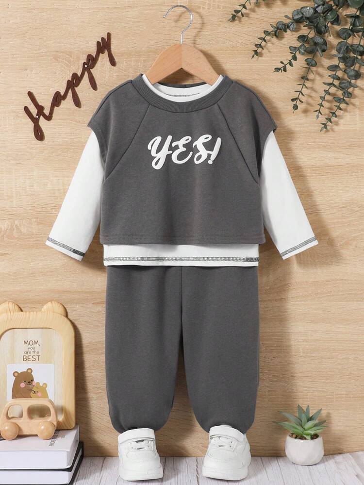 3pcs Baby Boys' Letter Printed Round Neck Sleeveless Vest, Long Sleeve Top & Footed Pants Set