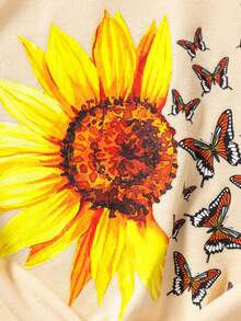 Cô gái Tween In hoa hướng dương & bướm Viền xoay tròn Áo thun và Leggings - Màu be - Xem 5