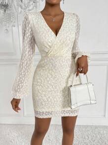 Chiquease Women'S Sparkly Lantern Sleeve Wrap Neckline Dress - Apricot - View 7