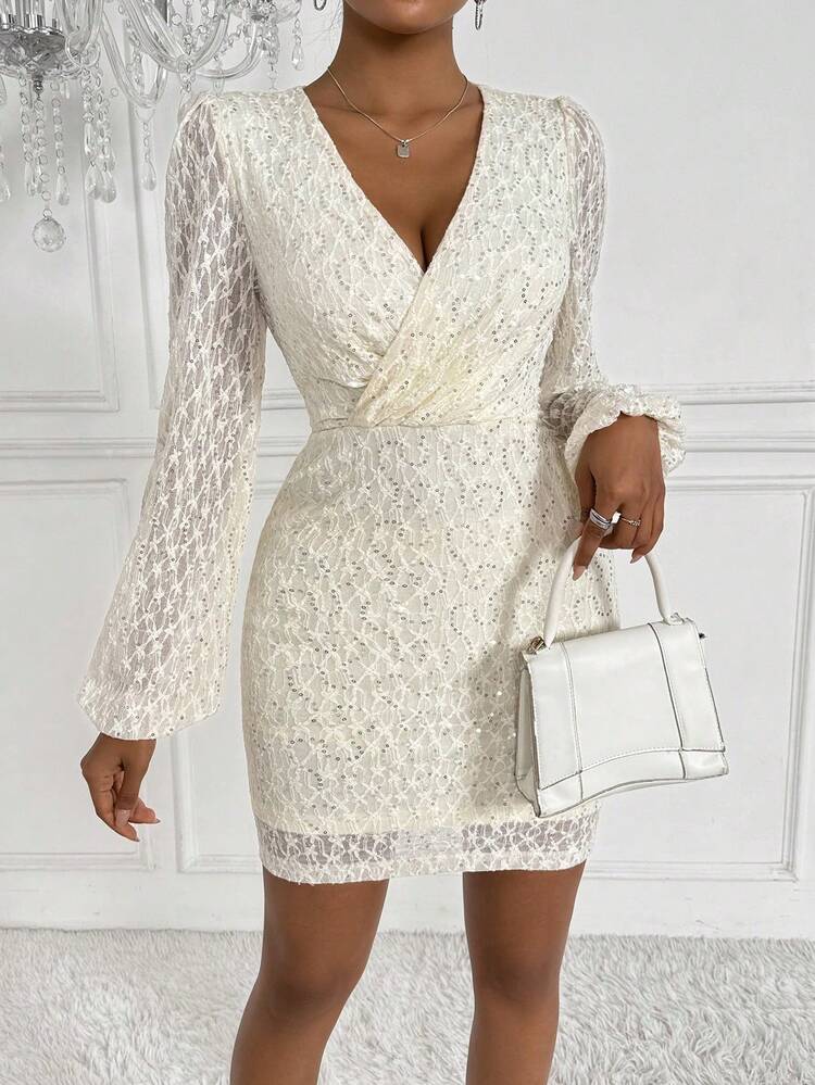 Women'S Sparkly Lantern Sleeve Wrap Neckline Dress