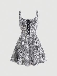 SHEIN MOD Của phụ nữ Hoa In Dây đeo Đầm - Đen và trắng - Xem 1