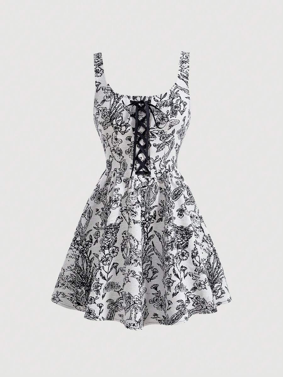 SHEIN MOD Của phụ nữ Hoa In Dây đeo Đầm - Đen và trắng - Xem 1