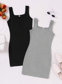 Teen Girls' Sleeveless Ribbed Knit Square Neck Dress 2pcs/Set - Multicolor - View 1