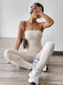 SHEIN EZwear Women's Ribbed Strapless Unitard Jumpsuit, For Summer - Apricot - View 5