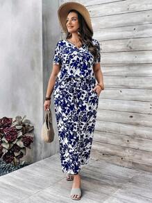 EMERY ROSE Damen Große Größen Set aus Bluse mit V-Ausschnitt und Kurzarm mit einfarbiger Silhouette und Blumen Muster und gerader Hose mit Seitentaschen, für Frühling und Sommer