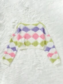 SHEIN EZwear Color Block Geometric Print Drop Shoulder Short Casual Sweater - Multicolor - View 9