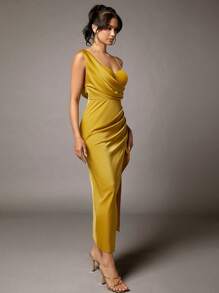SHEIN BAE Vestido Largo De Mujer Asimétrico Amarillo Mostaza Con Paneles De Satén Y Malla Con Bustier, Abertura Alta, Reunido Y Plisado - Mostaza Amarilla - Ver 5