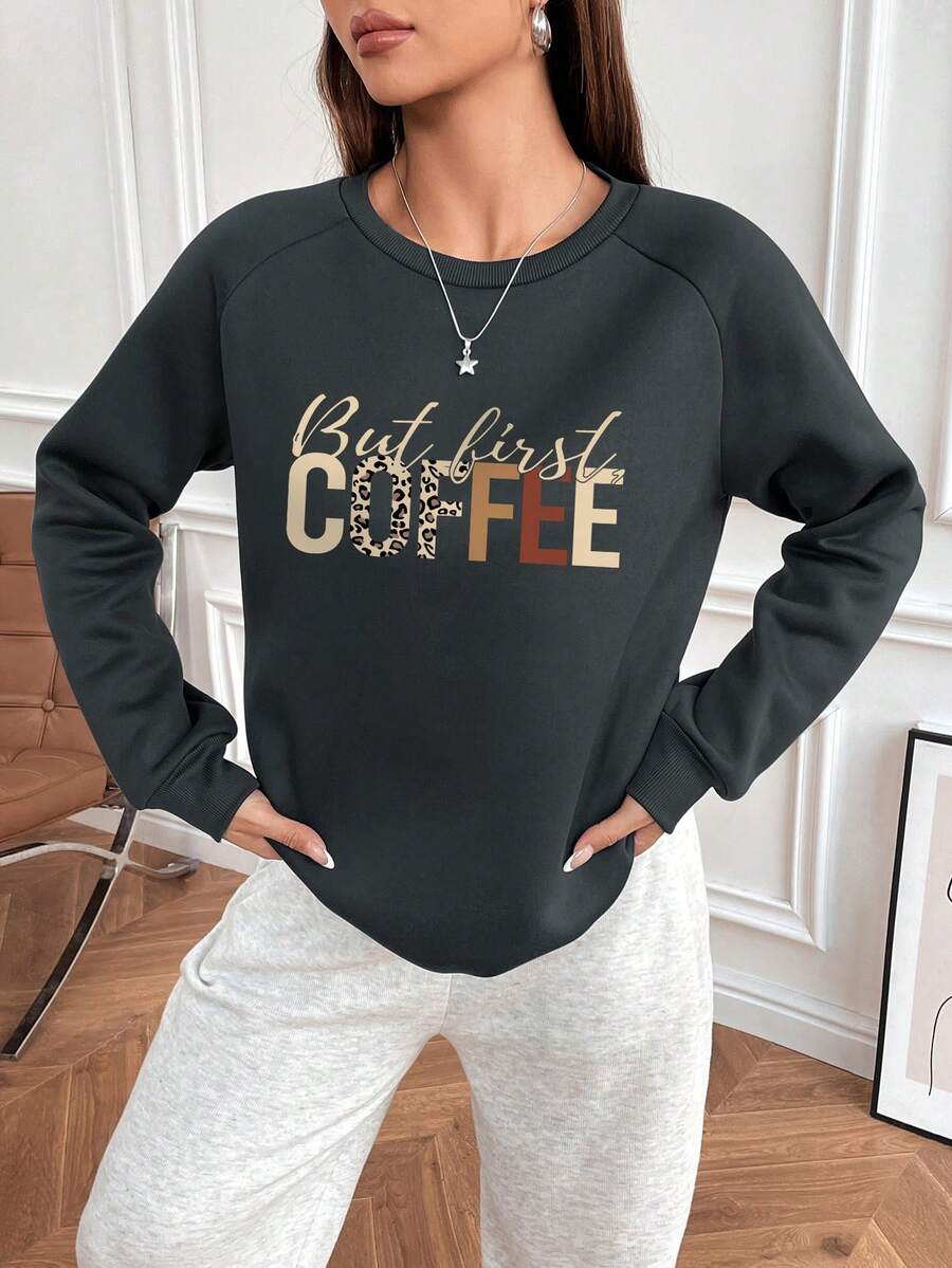 SHEIN LUNE 女士口號印花圓領運動衫 - 灰色 - 查看 1