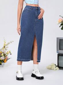 SHEIN MOD Falda Vaquera De Mujer Con Raja Frontal - Azul lavado oscuro - Ver 4