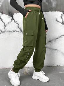SHEIN Coolane 女式束口腰帶口袋貨物褲 - 綠色 - 查看 4