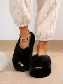 2025新款女士毛绒拖鞋，厚底毛绒一脚蹬拖鞋，室内外均可穿着，防滑，秋冬，毛茸茸的鞋子 - 黑色 - 查看 6