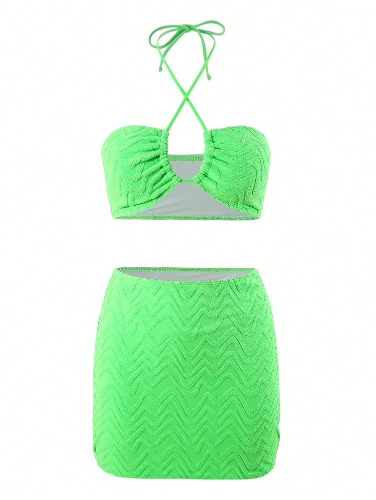 Cross Back Halter Textured Bikini Set Summer