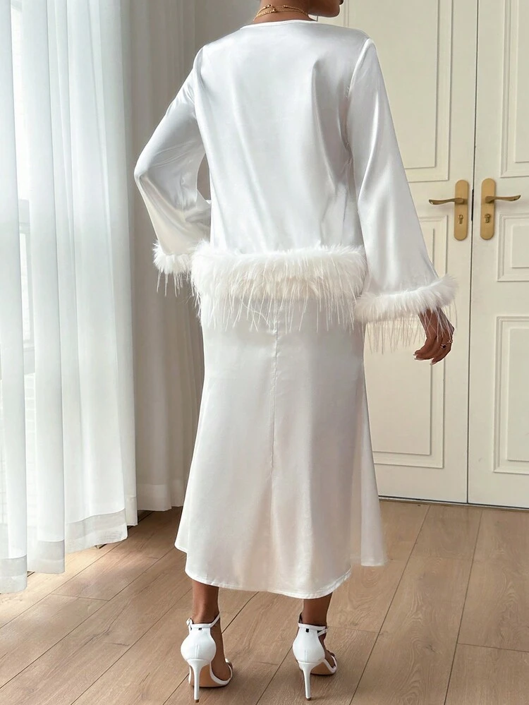 Women'S Solid Color Furry Splice Top And Skirt Set