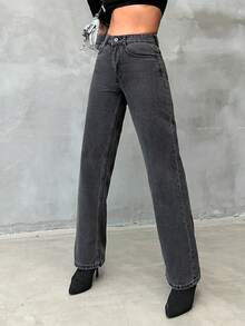 SHEIN PETITE Solid Color Straight Leg Jeans - Grey - View 5