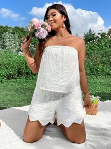 Flirla Plus Size Women's Textured Strapless Top And Shorts Set - White - View 4