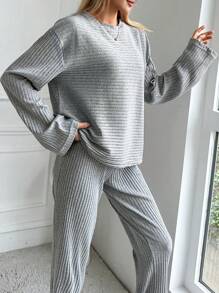EURMUSE Women's Solid Color Ribbed Knitted 2 Pieces Set - Grey - View 5