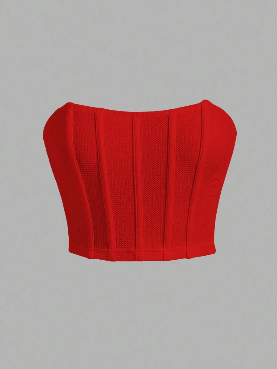 SHEIN EZwear 純色針織緊身無肩帶上衣 - 紅色 - 查看 1
