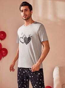 Men'S Heart Pattern Short Sleeve Homewear - Grey - View 5