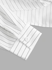 SHEIN ICON Buttoned Striped Hem Long Sleeve Blouse - White - View 3