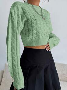 SHEIN EZwear Women's Long Sleeve Round Neck Sweater - Green - View 3