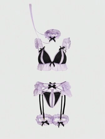 Kawaii Ensemble De Lingerie Sexy De 6 Pièces, Blocs De Couleur Creux Et Garniture À Volants