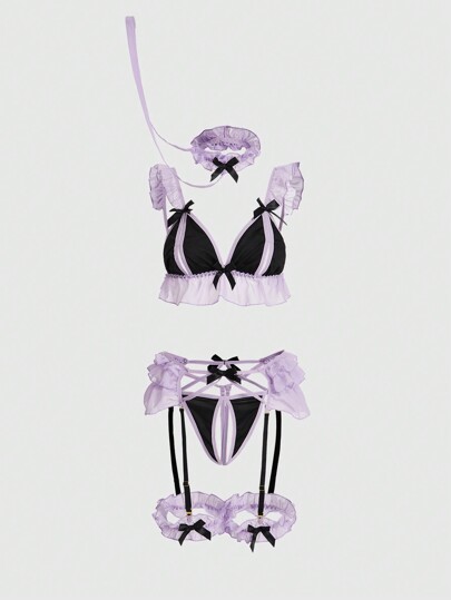 Kawaii 6pcs Color Block Hollow Out & Frill Trim Sexy Lingerie Set