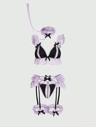 ROMWE Kawaii 6pcs Color Block Hollow Out & Frill Trim Sexy Lingerie Set