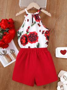 Tween Girls' Floral Printed Halterneck Top With Solid Color Shorts Set, Summer,Holiday,Summer,Travel - Multicolor - View 2