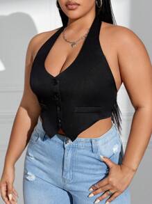 SHEIN EZwear Übergröße, Geknotetes Rückenteil, Mit Knöpfen Versehenes Halter Top - Schwarz - Übersicht 1
