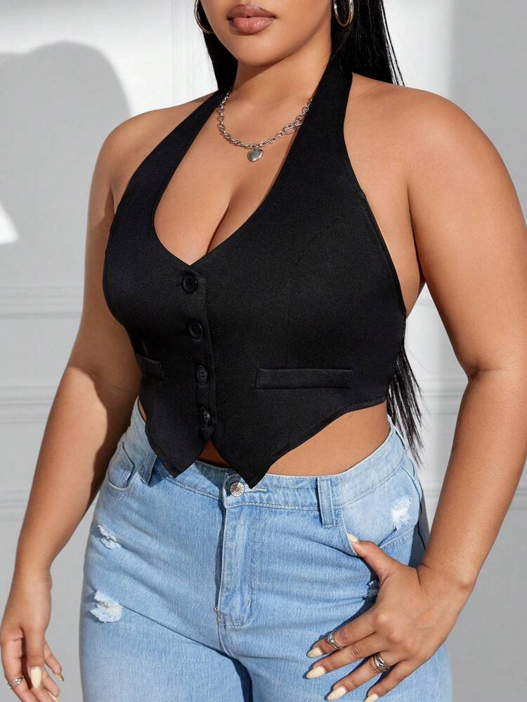 Plus Size Knotted Back Buttoned Halter Top