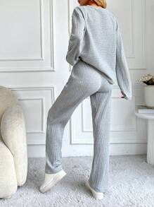EURMUSE Women's Solid Color Ribbed Knitted 2 Pieces Set - Grey - View 2