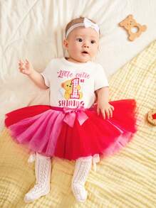 SHEIN 新生女婴短袖卡通印花连体衣配网纱蓬蓬裙套装 - 彩色 - 查看 3