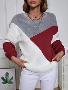 SHEIN LUNE 女款色塊圓領毛絨衛衣 - 酒紅色 - 查看 4