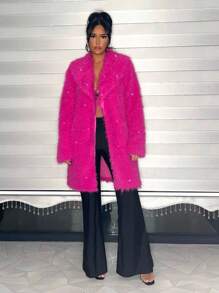 SHEIN SXY 女士毛絨長袖外套 - 亮橙色 - 查看 3