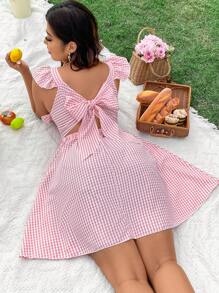 Flirla 大码格子盖袖背带连衣裙 - 粉色 - 查看 1