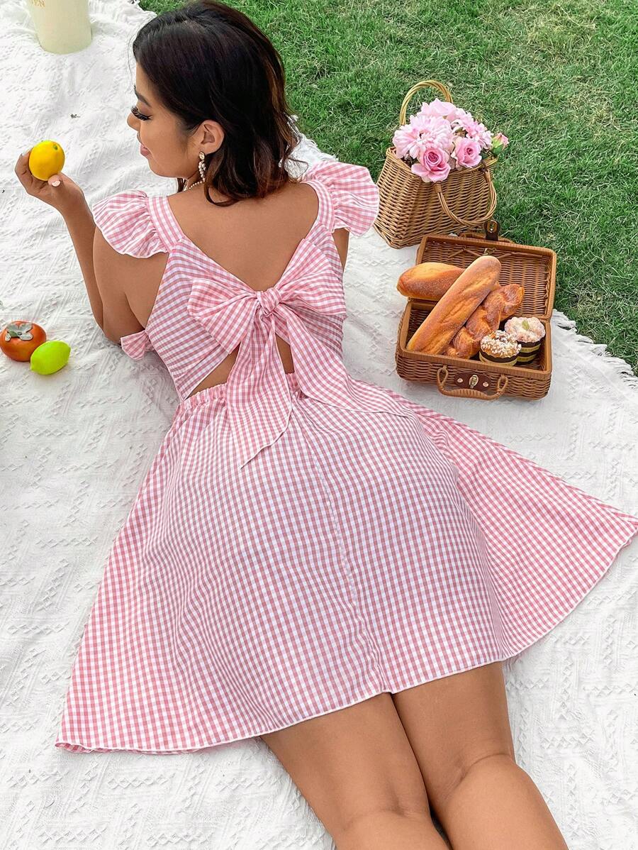 Flirla 大码格子盖袖背带连衣裙 - 粉色 - 查看 1