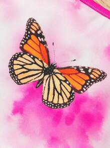 Little Girls' Knitted Dip-Dye Butterfly Pattern Tank Top And Woven Solid Color Overalls Two-Piece Set - Khaki - View 5