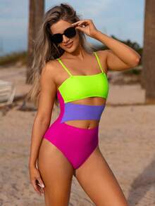 SHEIN Swim Đồ bơi một mảnh Với Xu hướng: Cắt giảm Chi tiết Và Màu sắc Chặn Lễ hội hóa trang - Nhiều màu - Xem 4