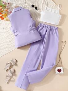 Conjunto De Traje De Chaleco Sin Mangas Con Cuello De Solapa, Pantalones Largos Y Camiseta De Tirantes Para Chicas Adolescentes - Púrpura malva - Ver 2