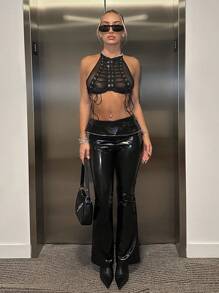 SHEIN ICON Women'S Fold-Over Waist Slim Fit Flared Pants - Black - View 2