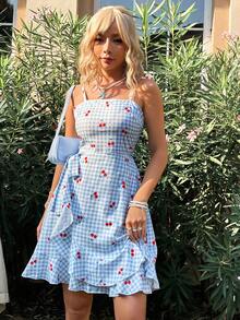 Soleia 露肩連身裙,不對稱下擺繫帶側邊花邊細節 - 藍色 - 查看 5