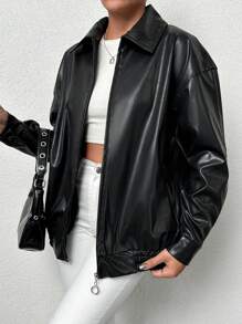 EURMUSE Women'S Drop Shoulder Pu Jacket - Black - View 4