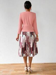 SHEIN Lady Women's Open Front Coat And Sleeveless Full Printed Dress 2pcs/Set