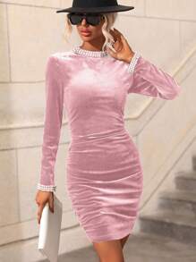 SHEIN Clasi Ladies' Velvety Studded Beaded Dress - Pink - View 3