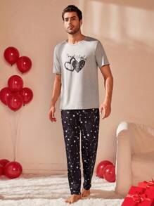 Men'S Heart Pattern Short Sleeve Homewear - Grey - View 3