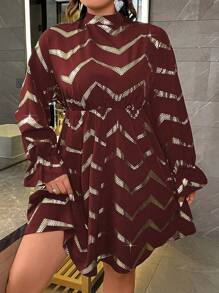 SHEIN Unity 大尺碼女金箔印花立領連身裙 - 酒紅色 - 查看 1