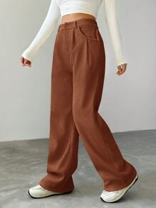SHEIN EZwear Ấm áp Lót Quần Với Đường chéo Túi - màu nâu - Xem 3