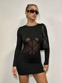 SHEIN ICON Ladies' Sheer Mesh Splice Bodycon Dress - Black - View 1