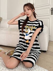 DAZY Cartoon Printed Striped Homewear Dress Summer Pajama - Black - View 4