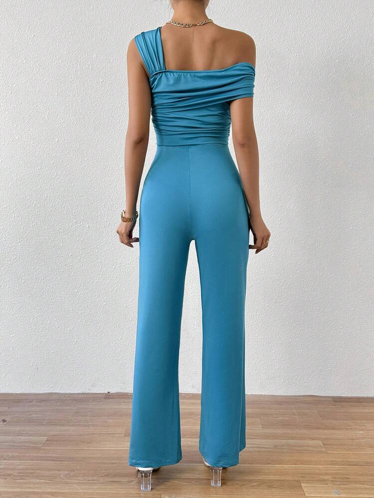 Solid Color Asymmetric Collar Jumpsuit